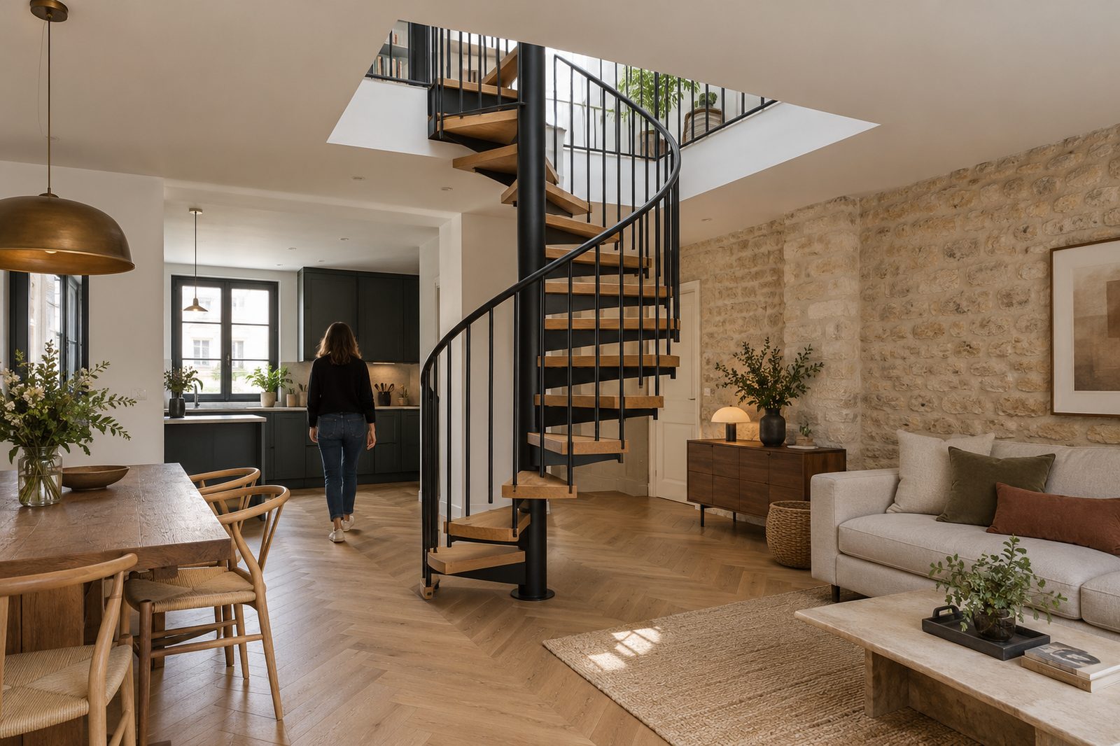 Escalier hélicoïdal dans une trémie de plancher d'un duplex