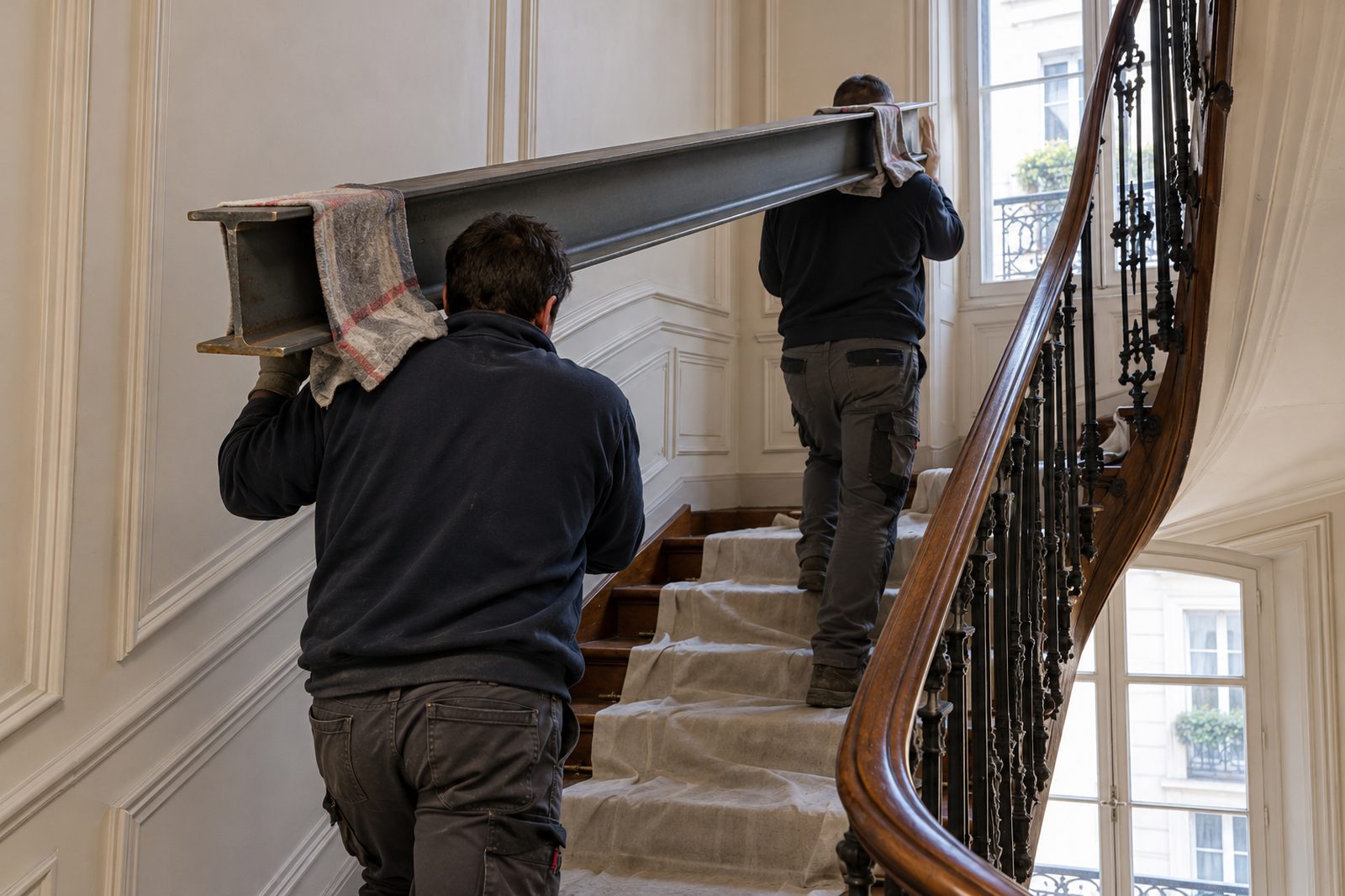 Livraison d'une poutre métallique par l'escalier d'un immeuble parisien