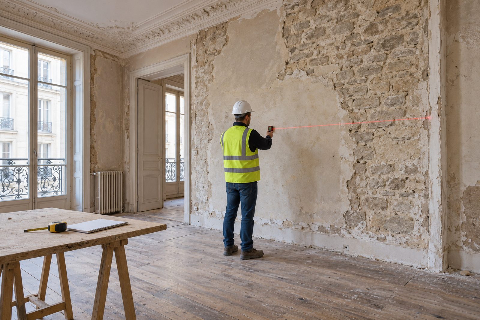 Ingénieur structure mesurant un mur porteur en moellons au télémètre laser