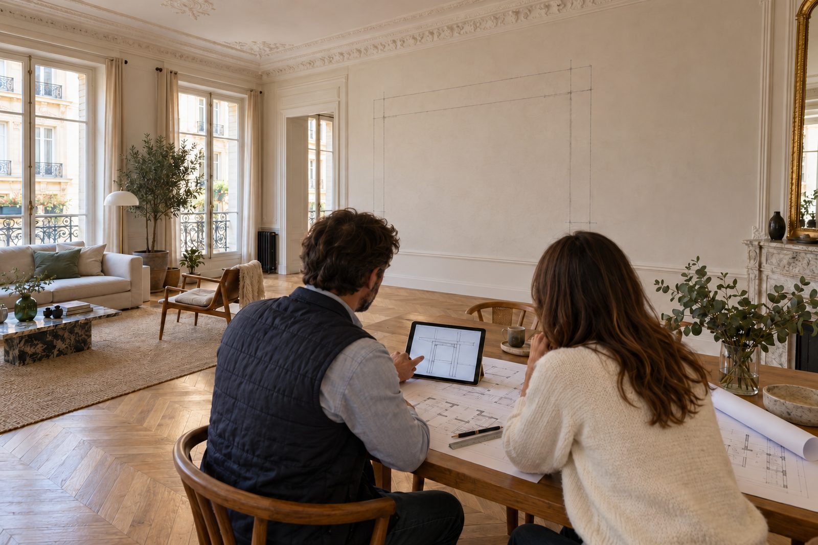 Ingénieur structure présentant les plans d'étude d'un mur porteur à une propriétaire